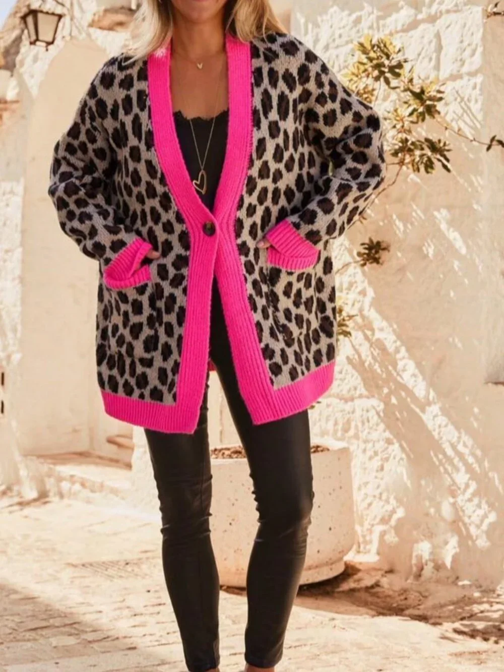 Multicolor Women's Leopard Print Contrast Binding V-Neck Button Cardigan